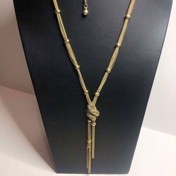 2579 Chico's Gold tone statement Knot pendant tassel necklace 30-34" long - Picture 1 of 2
